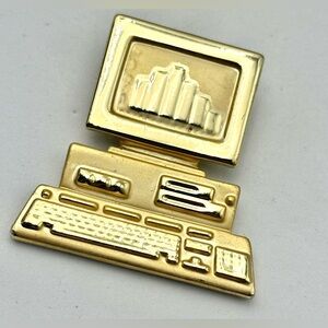 Vintage AJC Gold Tone Computer Brooch Gamer Office Gift Figural Signed
